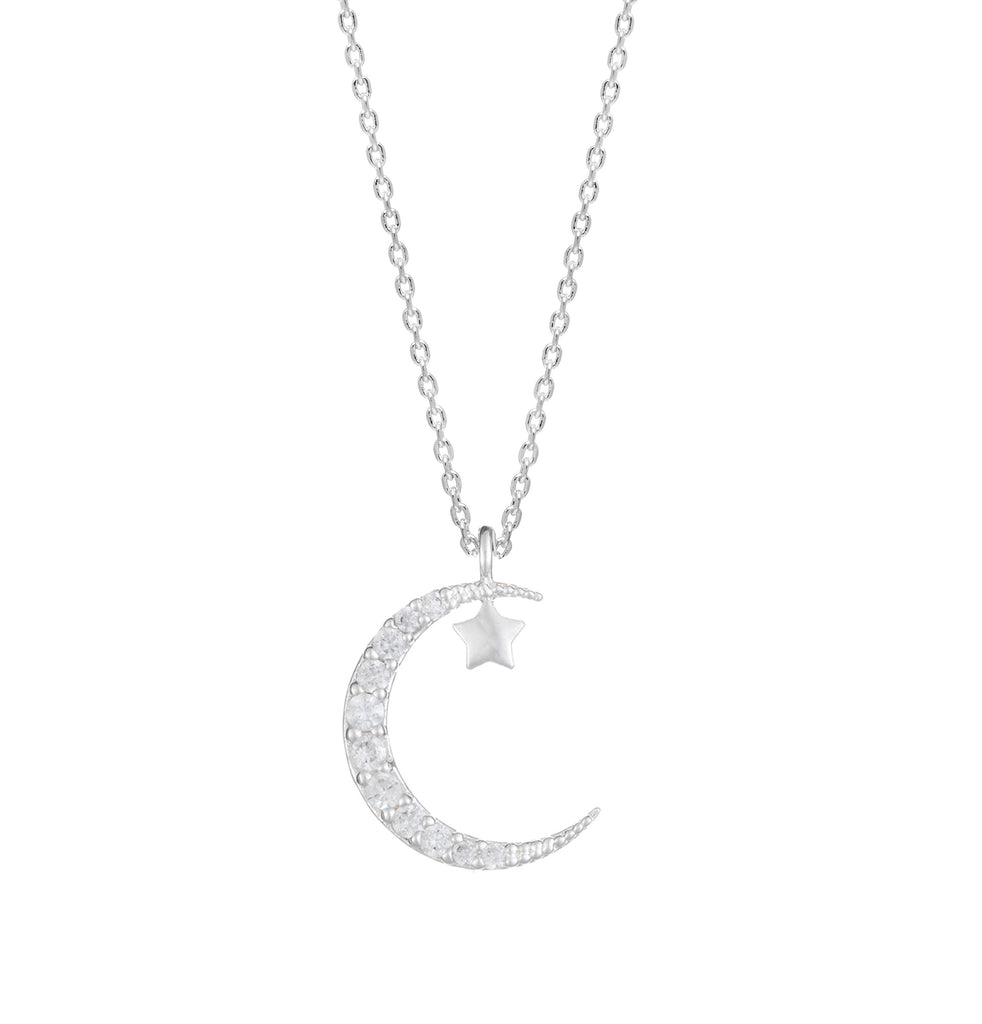 Moon and Star Necklace - Silver Plated