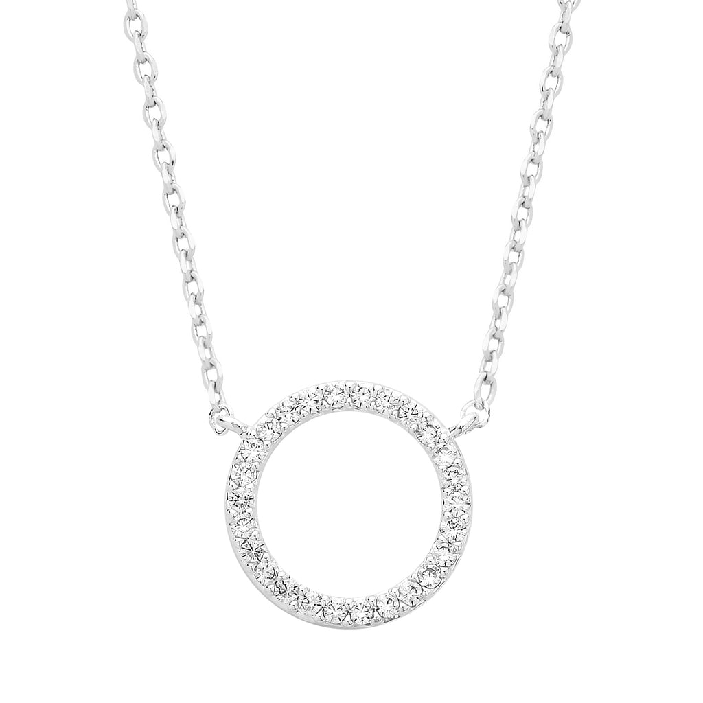 Large Pave Set Circle CZ Necklace - Silver Plated