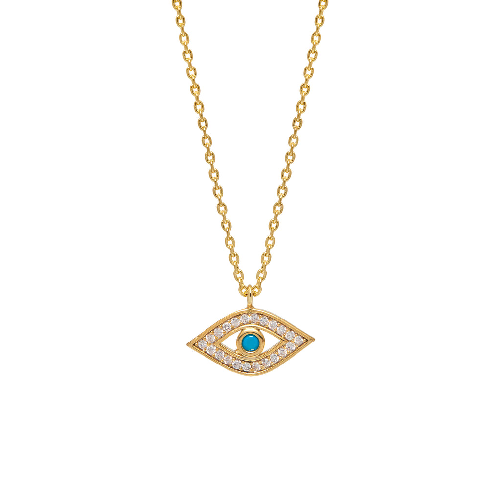 A gold-plated necklace with a turquoise stone pendant in the shape of an eye.